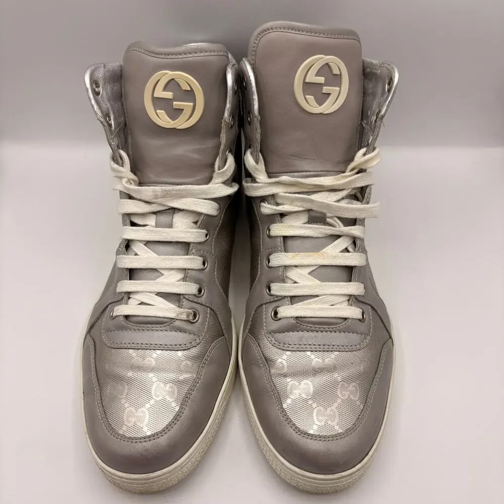 GUCCI Coda Imprime High Top Sneakers Lurex Silver Gray Sz 10G/10.5 US $1245
